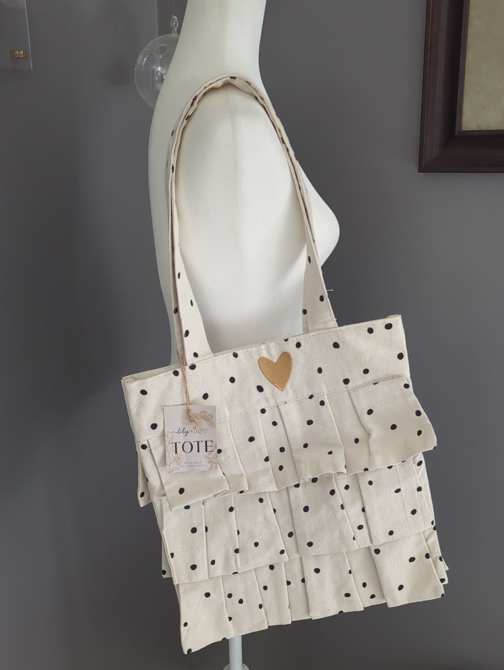 Polka Dot Cream Ruffle Tote with Heart Accent